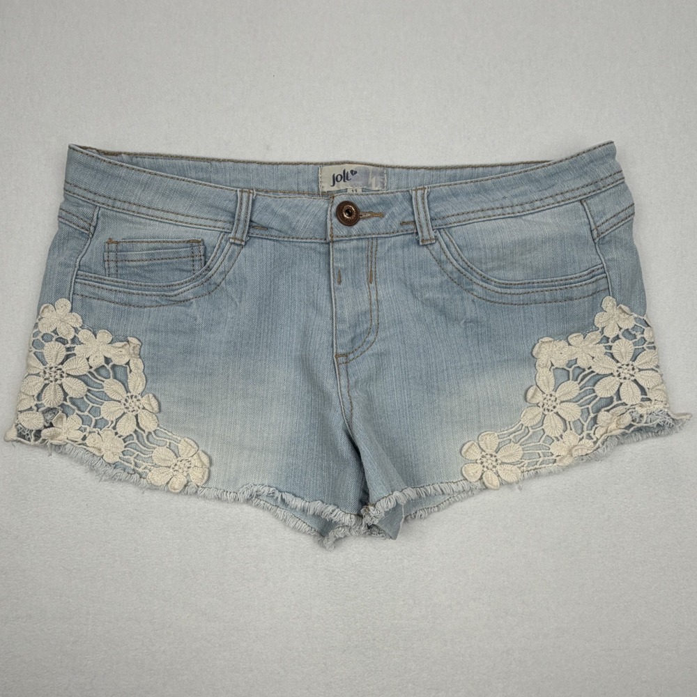 Jolt Womens Light Wash Floral Crochet Lace Denim Cut Off Shorts Size 13